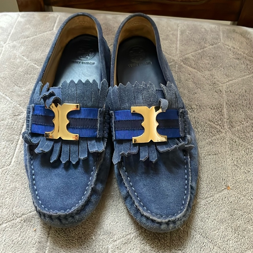 Tory Burch Navy Suede Fringe Loafers with Gold Hardware